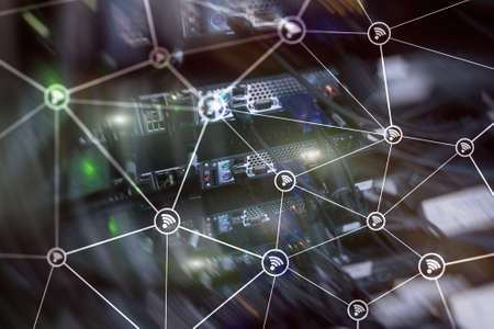 Wi fi network abstract structure on modern server room background.の写真素材