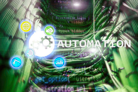 Automation of business Process and innovation technology in manufacturing. Internet and technology concept on server room background.の写真素材