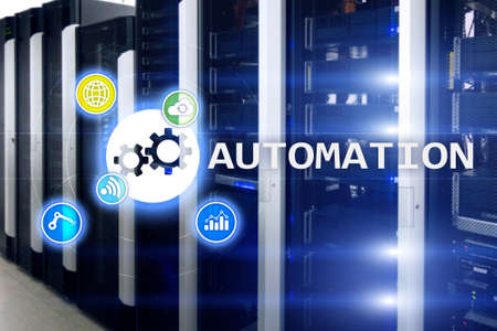 Automation of business Process and innovation technology in manufacturing. Internet and technology concept on server room background.の写真素材