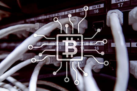 Bitcoin, Blockchain concept on server room background.の写真素材