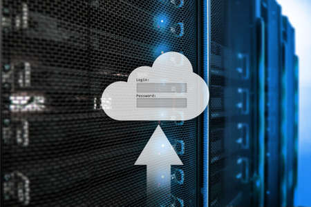 Cloud storage, data access, login and password request window on server room background. Internet and technology concept.の写真素材