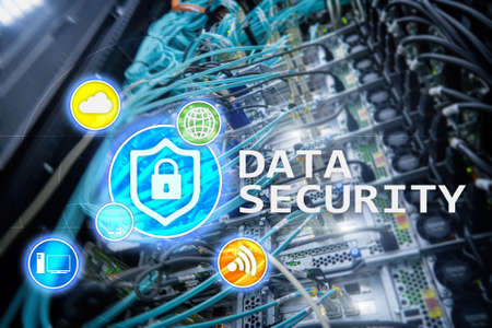 Data security, cyber crime prevention, Digital information protection. Lock icons and server room background.の写真素材