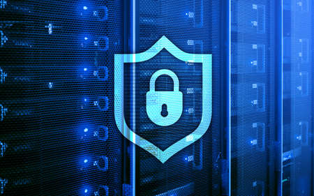 Cyber protection shield icon on server room background. Information Security and virus detection.の写真素材