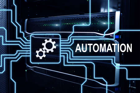 Automation of business Process and innovation technology in manufacturing. Internet and technology concept on server room background.の写真素材
