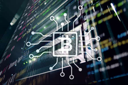 Bitcoin, Blockchain concept on server room background.の写真素材