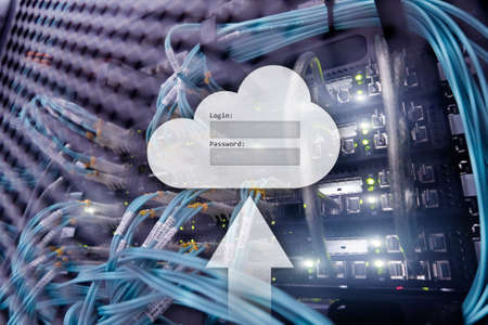 Cloud storage, data access, login and password request window on server room background. Internet and technology concept.の写真素材