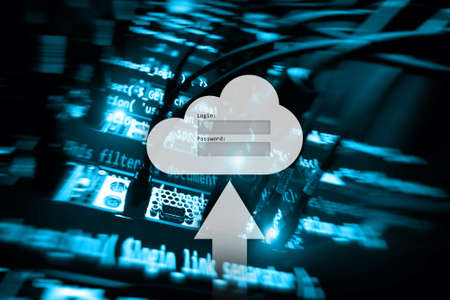 Cloud storage, data access, login and password request window on server room background. Internet and technology concept.の写真素材