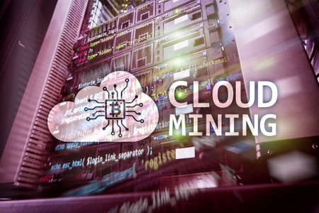 Cloud computing, data or cryptocurrency (Bitcoin, Ethereum) mining in data center. Server room background.の写真素材