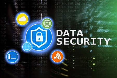 Data security, cyber crime prevention, Digital information protection. Lock icons and server room background.の写真素材