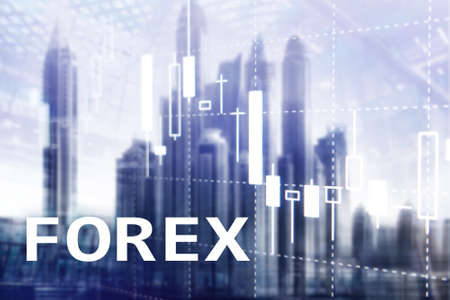 Forex trading, financial candle chart and graphs on blurred business center background.の写真素材