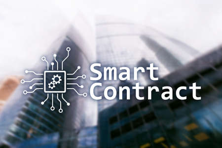 Smart contract, blockchain technology in business, finance hi-tech concept. Skyscrapers background.の写真素材