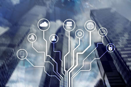 Telecommunication and IOT concept on blurred business center background.の写真素材