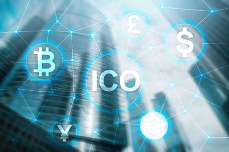 ICO - Initial coin offering, Blockchain and cryptocurrency concept on blurred business building...