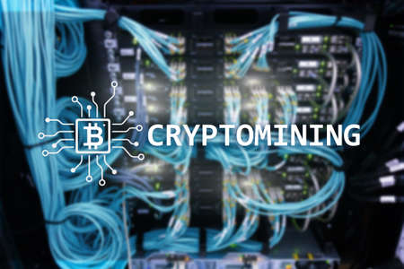 Cryptocurrency mining concept on server room background.の写真素材
