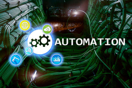 Automation of business Process and innovation technology in manufacturing. Internet and technology concept on server room background.の写真素材