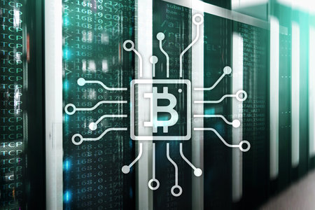 Bitcoin, Blockchain concept on server room background.の写真素材