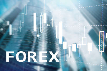 Forex trading, financial candle chart and graphs on blurred business center background.の写真素材