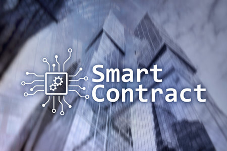 Smart contract, blockchain technology in business, finance hi-tech concept. Skyscrapers background.