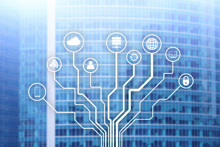 Telecommunication and IOT concept on blurred business center background.