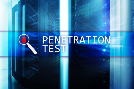 Penetration test. Cybersecurity and data protection. Hacker attack prevention. Futuristic  server room on background.の写真素材