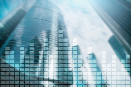 Financial chart on blurred skyscraper office background.