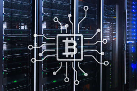 Bitcoin, Blockchain concept on server room background.の写真素材