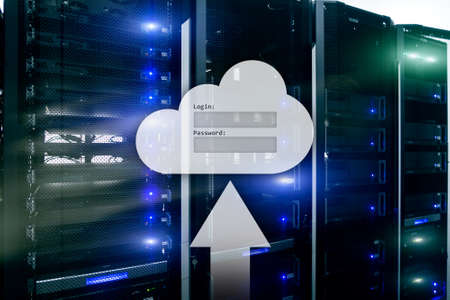 Cloud storage, data access, login and password request window on server room background. Internet and technology concept.の写真素材