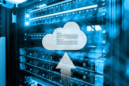 Cloud storage, data access, login and password request window on server room background. Internet and technology concept.の写真素材