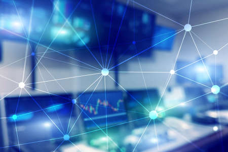 Blockchain network on blurred skyscrapers background. Financial technology and communication...