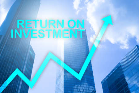 ROI - Return on investment. Stock trading and financial growth concept on blurred business center background.の写真素材