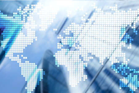 Double exposure world map on skyscraper background. Communication and global business concept.の写真素材