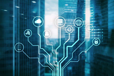 Telecommunication and IOT concept on blurred business center background.の写真素材