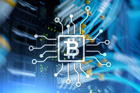 Bitcoin, Blockchain concept on server room background.の写真素材