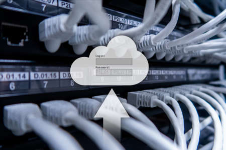 Cloud storage, data access, login and password request window on server room background. Internet...