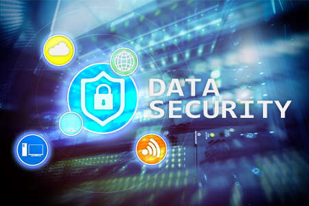 Data security, cyber crime prevention, Digital information protection. Lock icons and server room...