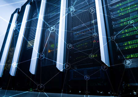 Wi fi network abstract structure on modern server room background.の写真素材