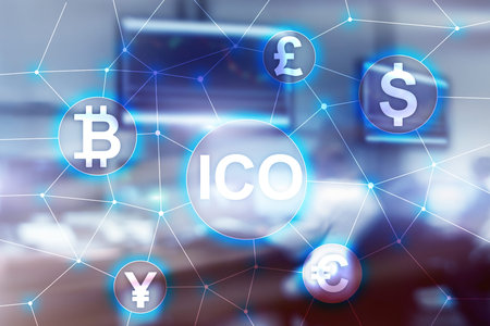 ICO - Initial coin offering, Blockchain and cryptocurrency concept on blurred business building...