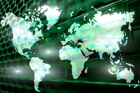 Internet and telecommunication concept with world map on server room background.