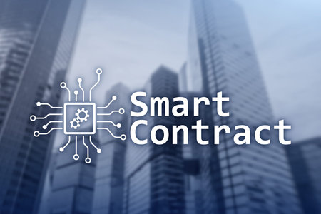 Smart contract, blockchain technology in business, finance hi-tech concept. Skyscrapers background.