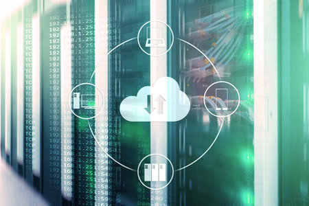 CLoud server and computing, data storage and processing. Internet and technology concept.