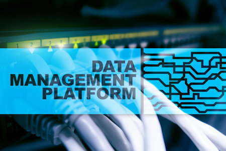 Data management and analysis platform concept on server room background.