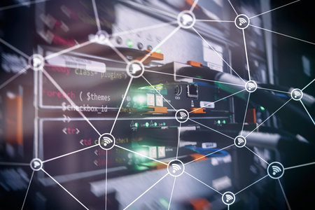 Wi fi network abstract structure on modern server room background.の写真素材