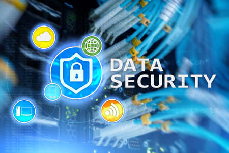 Data security, cyber crime prevention, Digital information protection. Lock icons and server room background.の写真素材