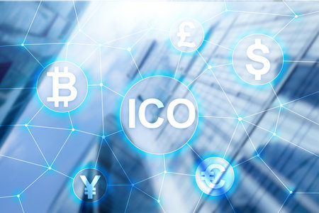 ICO - Initial coin offering, Blockchain and cryptocurrency concept on blurred business building...