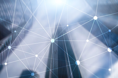 Blockchain network on blurred skyscrapers background. Financial technology and communication...