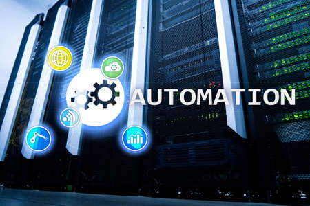Automation of business Process and innovation technology in manufacturing. Internet and technology concept on server room background.の写真素材