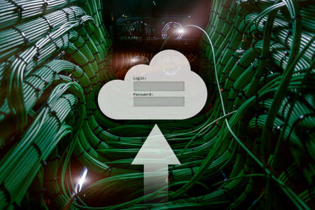 Cloud storage, data access, login and password request window on server room background. Internet and technology concept.の写真素材