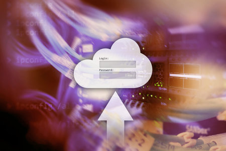 Cloud storage, data access, login and password request window on server room background. Internet...