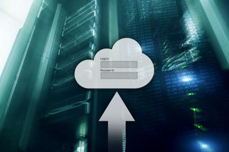 Cloud storage, data access, login and password request window on server room background. Internet and technology concept.の写真素材