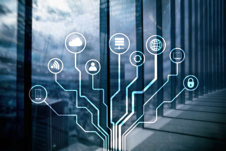 Telecommunication and IOT concept on blurred business center background.の写真素材